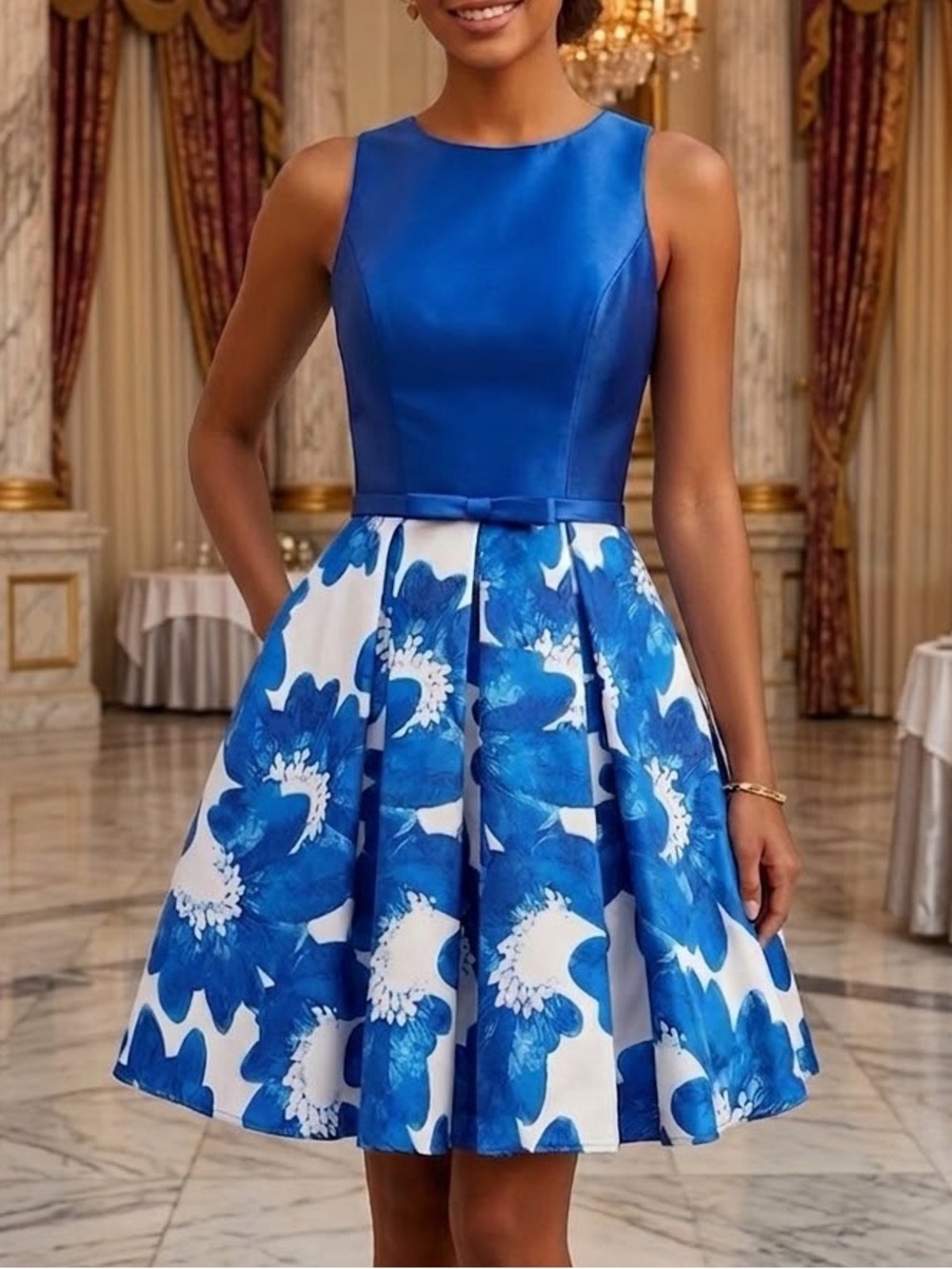 Terani Couture Royal Blue Floral Fit-and-Flare Midi Dress size 2